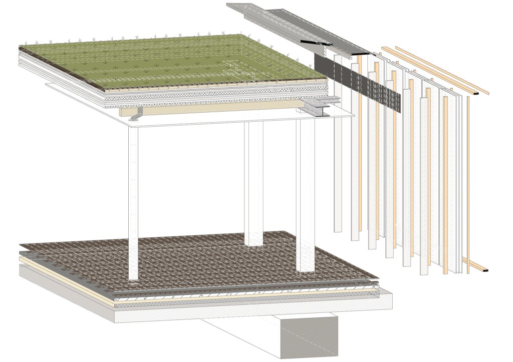 Exploded axonometric of the hybrid roof, façade and floor construction
