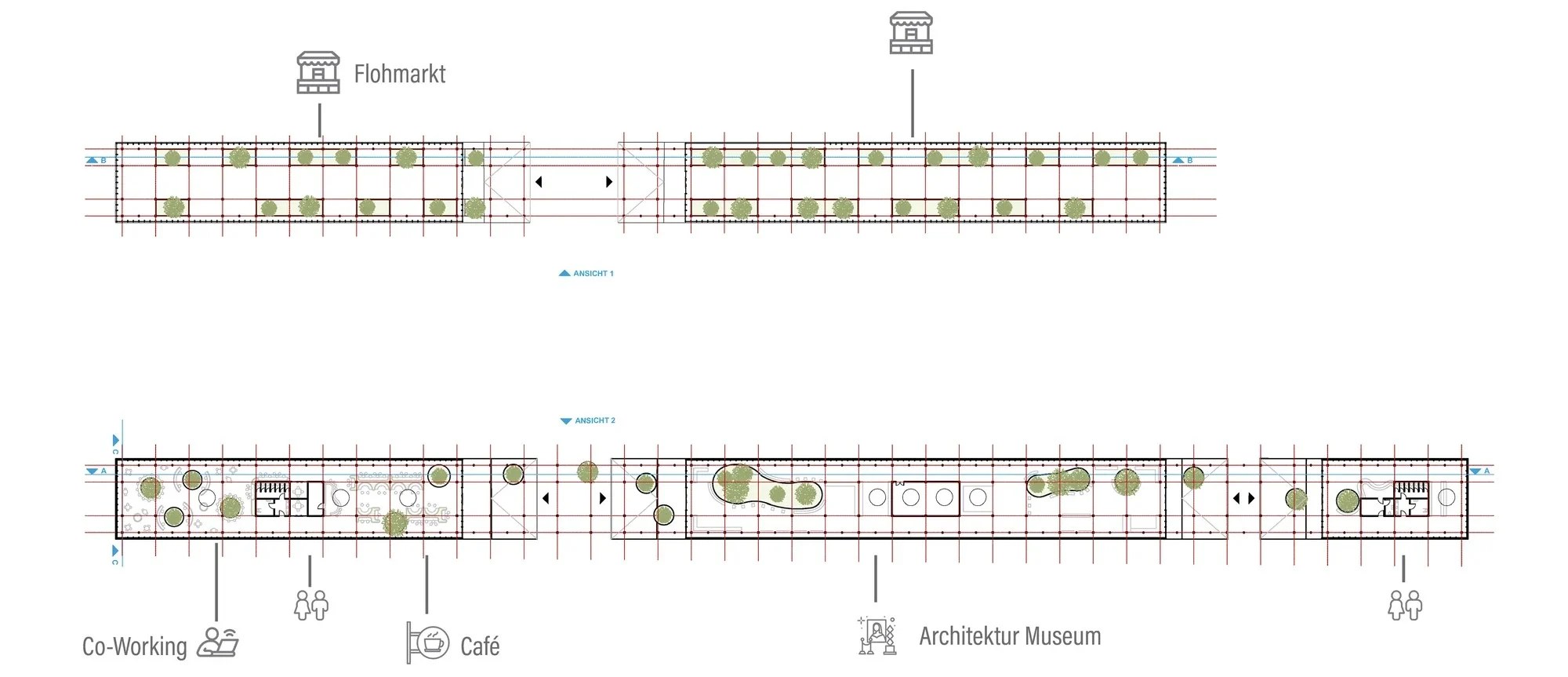 Ground-floor programme diagram showing museum, café, coworking and market uses