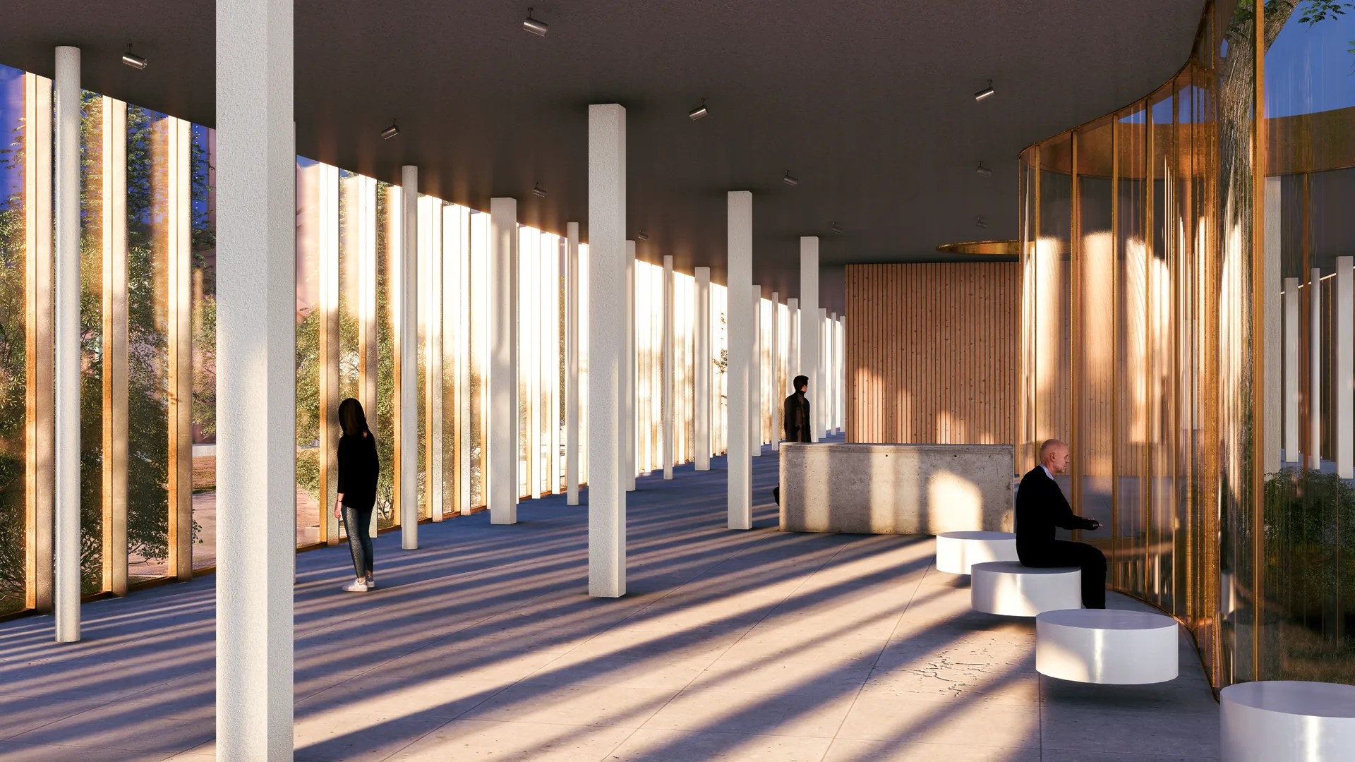 Interior of Floating Veil with slender columns and glazed façades