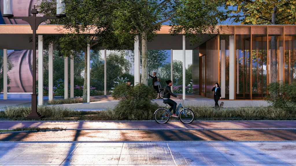 Floating Veil pavilion and landscaped public space at dusk