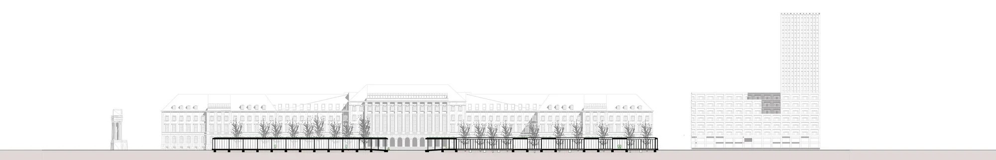 Long section through Floating Veil and its urban context