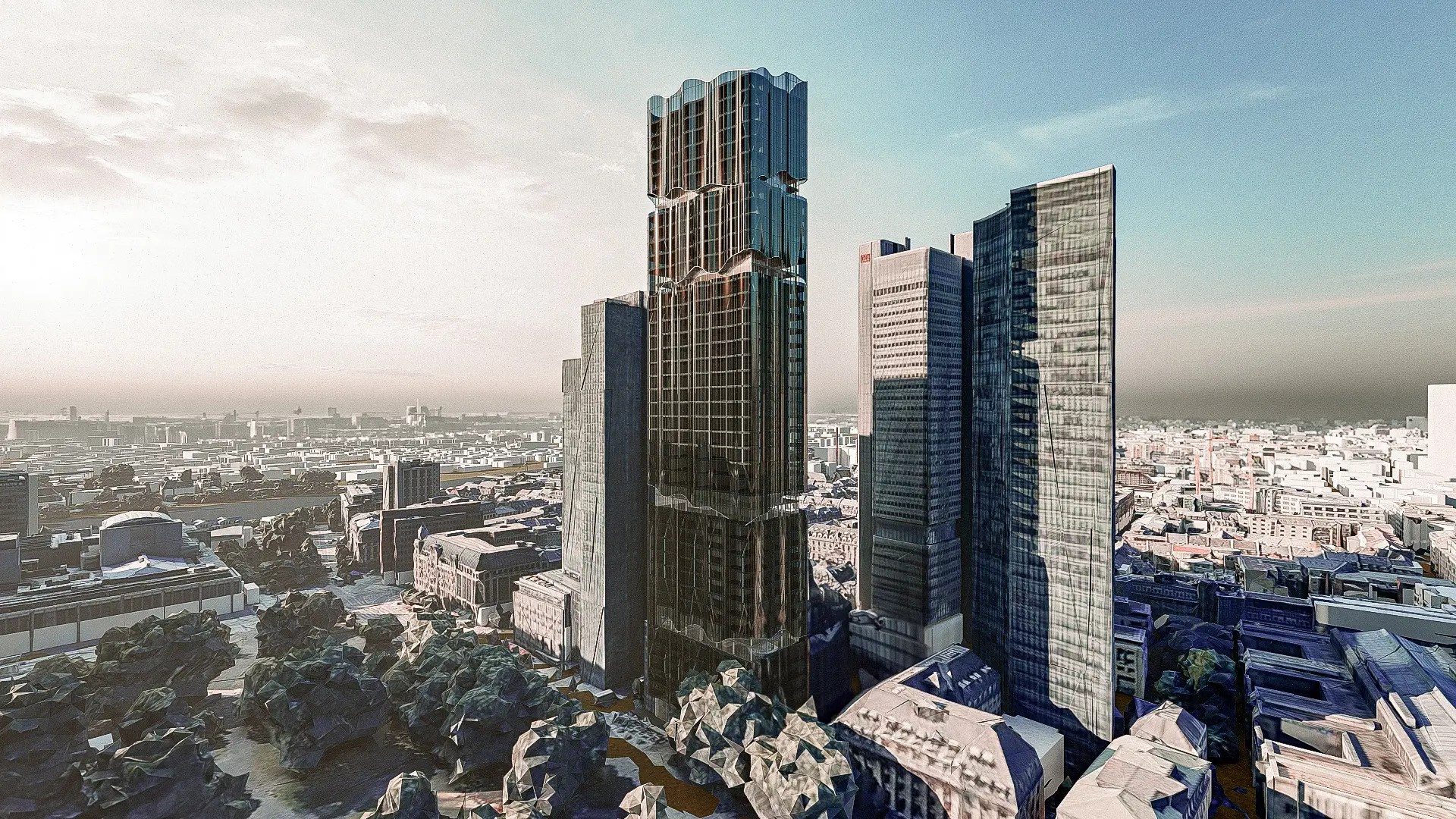 Aerial architectural visualisation of The Wave at Gallusanlage 8 in Frankfurt