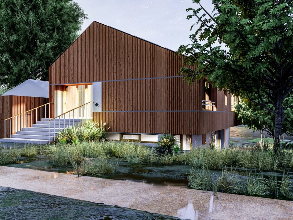 Architectural visualisation of a timber-clad residential building