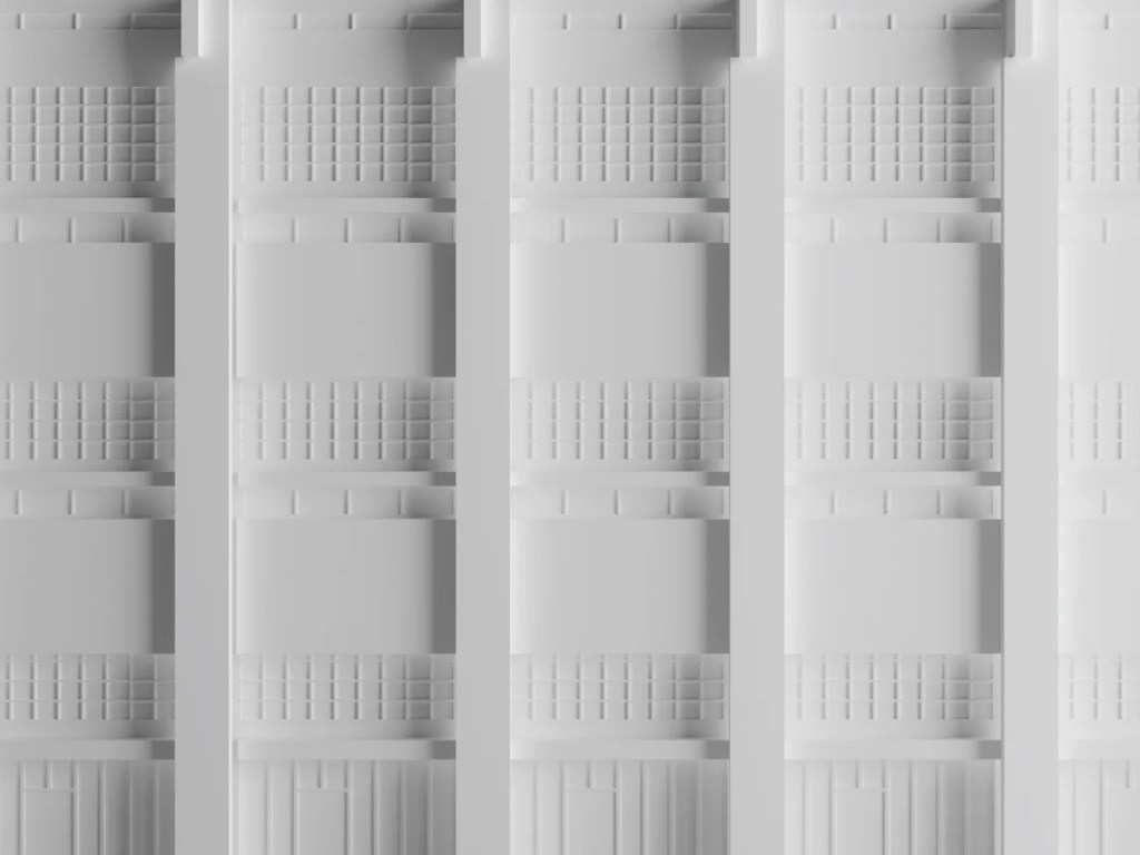 Monochrome architectural model study of the Instituto Marchiondi façade