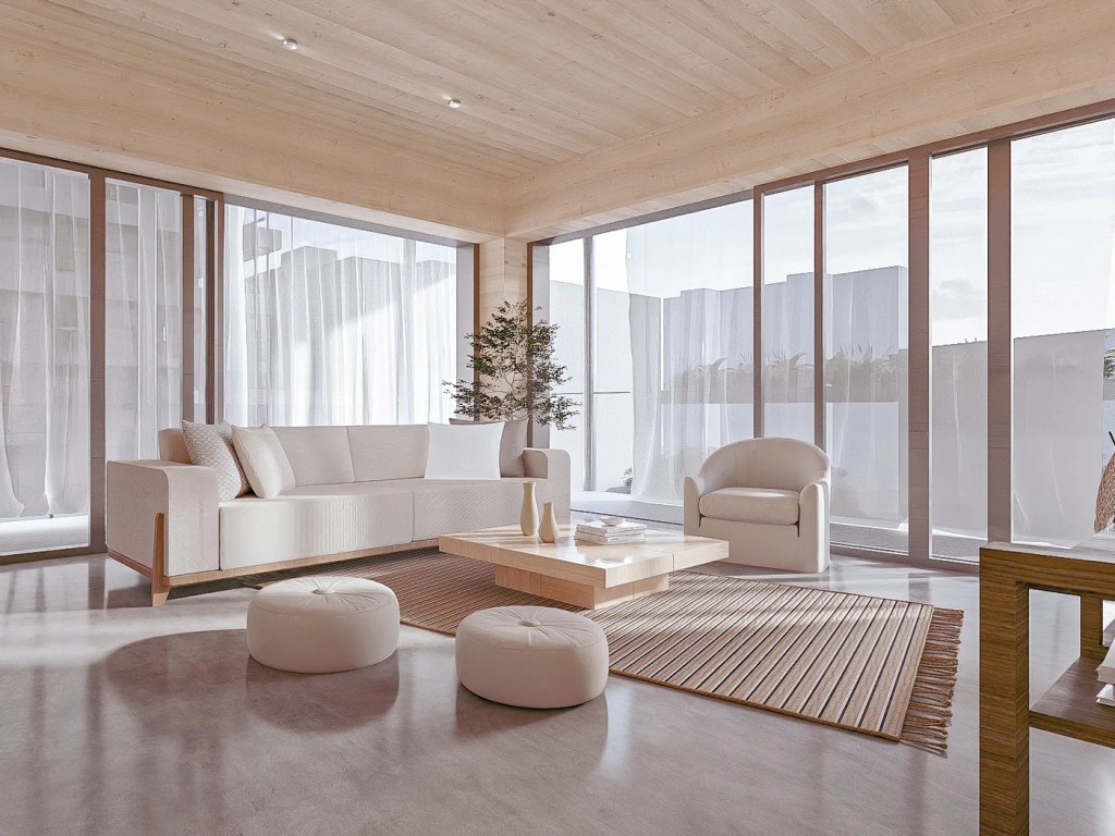 Warm interior architectural visualisation with timber surfaces and full-height glazing